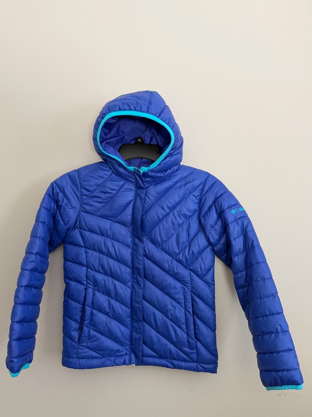 Columbia Powder Lite girls' hooded jacket Cobalt Blue Turquoise trim Kids 7/8